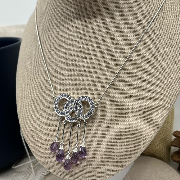 90s Vintage Sterling Silver Necklace with Amethyst & Tanzanite Gemstones - Picture 3 of 13